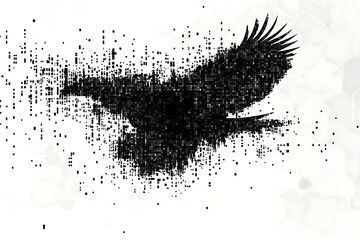  eagle silhouette, rendered in a binary code pattern with a clean white background, combining nature with technology