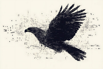  eagle silhouette, rendered in a binary code pattern with a clean white background, combining nature with technology