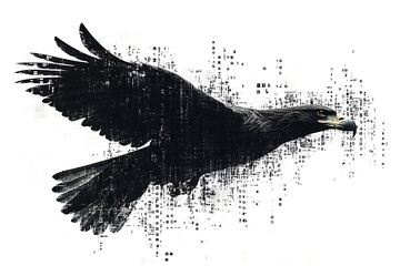 A digital illustration of an eagle silhouette, rendered in a binary code pattern with a clean white background, combining nature with technology.

