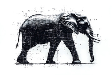 A digital illustration of an elephant silhouette, featuring a binary code pattern against a white background, merging the majestic animal with technology.
