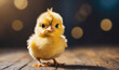 © Miklos - A small, yellow chick stands on a wooden surface, looking directly at the camera