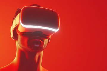 Poster - Stylized illustration of man wearing neon lit VR headset immersed in a vibrant futuristic digital world representing the energetic fusion of technology and creativity