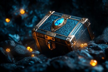 Poster - A stunning treasure chest adorned with a blue gem, resting on a dark surface illuminated by soft glowing lights.