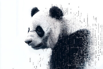  panda silhouette, rendered in a binary code pattern with a white background, blending nature with technology.
