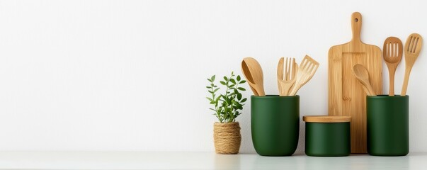 Wall Mural - Kitchen utensils and plants styled on a countertop. Modern home decor with natural elements