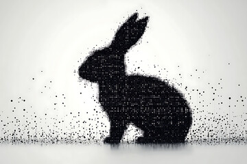 A futuristic digital illustration of a rabbit silhouette, featuring a binary code pattern and glowing effects on a white background.
