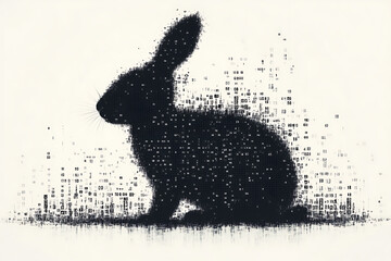 Wall Mural - A futuristic digital illustration of a rabbit silhouette, featuring a binary code pattern and glowing effects on a white background.
