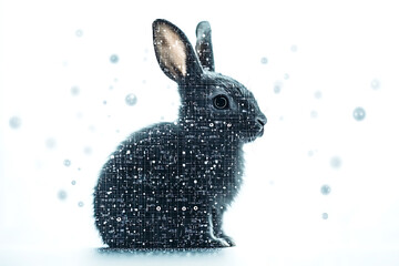 A futuristic digital illustration of a rabbit silhouette, featuring a binary code pattern and glowing effects on a white background.
