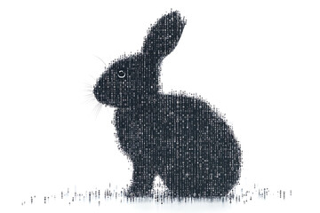 A futuristic digital illustration of a rabbit silhouette, featuring a binary code pattern and glowing effects on a white background.
