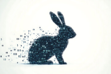 A futuristic digital illustration of a rabbit silhouette, featuring a binary code pattern and glowing effects on a white background.
