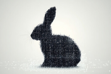 A futuristic digital illustration of a rabbit silhouette, featuring a binary code pattern and glowing effects on a white background.
