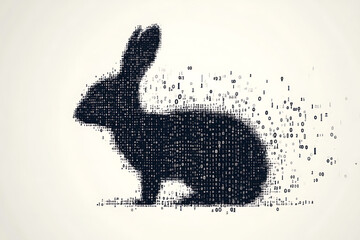 A futuristic digital illustration of a rabbit silhouette, featuring a binary code pattern and glowing effects on a white background.
