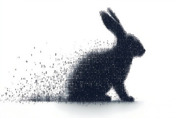 A futuristic digital illustration of a rabbit silhouette, featuring a binary code pattern and glowing effects on a white background.
