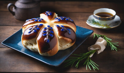 A close-up of a baked good on a blue plate, with a cup of coffee and a sprig of rosemary on a wooden table