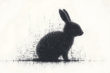A futuristic digital illustration of a rabbit silhouette, featuring a binary code pattern and glowing effects on a white background.
