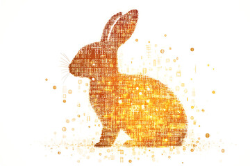 A futuristic digital illustration of a rabbit silhouette, featuring a binary code pattern and glowing effects on a white background.
