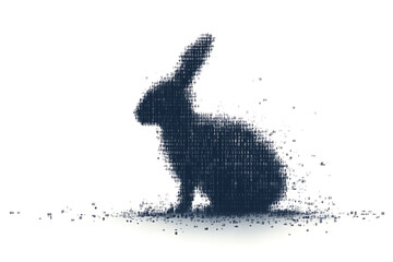 A futuristic digital illustration of a rabbit silhouette, featuring a binary code pattern and glowing effects on a white background.
