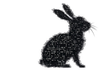 Poster - A futuristic digital illustration of a rabbit silhouette, featuring a binary code pattern and glowing effects on a white background.
