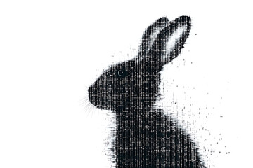 Poster - A futuristic digital illustration of a rabbit silhouette, featuring a binary code pattern and glowing effects on a white background.
