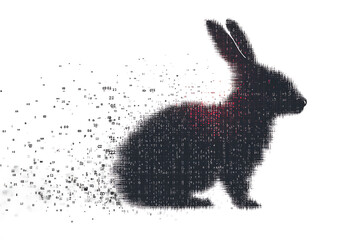 A futuristic digital illustration of a rabbit silhouette, featuring a binary code pattern and glowing effects on a white background.
