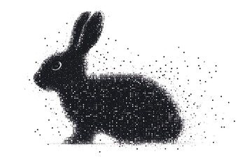 A futuristic digital illustration of a rabbit silhouette, featuring a binary code pattern and glowing effects on a white background.
