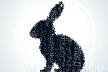 Poster - A futuristic digital illustration of a rabbit silhouette, featuring a binary code pattern and glowing effects on a white background.
