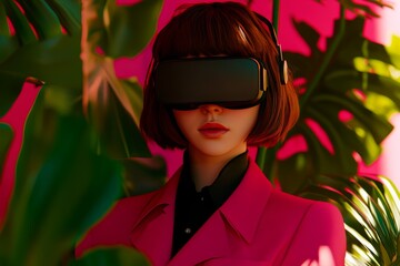 Sticker - A vibrant digital portrait of a woman in a red suit and VR headset set against a backdrop of lush plants combining elements of fashion nature and advanced technology