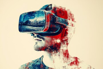 Poster - A dynamic digital portrait of a woman in a VR headset set against a backdrop of palm trees and a vibrant sunset symbolizing the fusion of digital experiences and tropical adventures