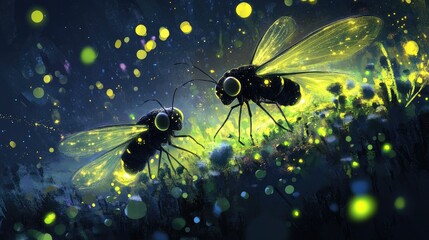 Two glowing fireflies with bright yellow wings, in a dark blue background with green and yellow dots.