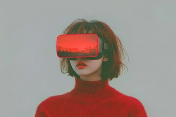 Poster - A futuristic and dynamic digital illustration of a man in a VR headset with vibrant light beams and a glowing horizon symbolizing the limitless possibilities of virtual exploration