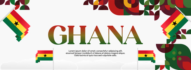 Ghana National Day Banner in modern abstract geometric style. Wide banner suitable for Ghana independence day greeting cards, web, flyers, posters and more with the country flag. Happy Ghana Day