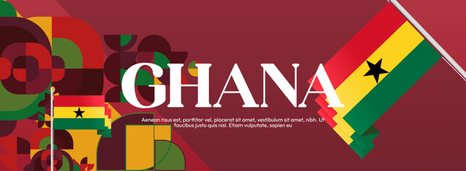 Ghana National Day Banner in modern abstract geometric style. Wide banner suitable for Ghana independence day greeting cards, web, flyers, posters and more with the country flag. Happy Ghana Day