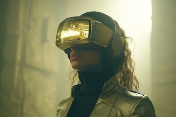 Canvas Print - Woman immersed in a futuristic dystopian virtual reality world exploring a dark and mysterious digital environment with high tech goggles