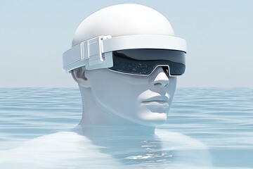 Sticker - White figure with virtual reality headset submerged in water exploring the intersection of technology and nature in a serene futuristic digital environment