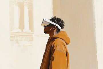 Poster - Young man experiencing virtual reality exploring the blend of urban life and futuristic technology while immersed in a serene digital world