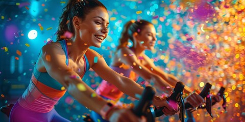 Two enthusiastic women participate in a vibrant cycling class, celebrating fitness with colorful confetti in a lively atmosphere.