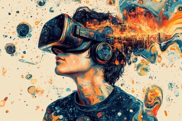 Poster - Abstract depiction of a man with virtual reality headset experiencing a digital explosion of colors and energy blending technology with artistic expression