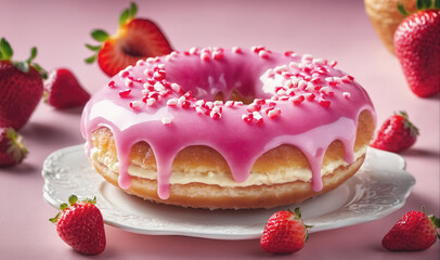 A pink glazed donut with sprinkles sits on a white plate surrounded by strawberries