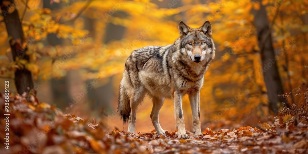 Wolves In Fall Eurasian Wolf Stealthily Navigating Through Fall Woodland, commonly ...