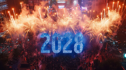 Wall Mural - happy new year greeting card with fireworks that show 2028