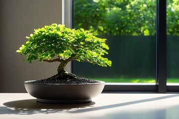 Aufkleber - A vibrant bonsai tree in a modern pot, illuminated by natural light, creating a serene indoor atmosphere.