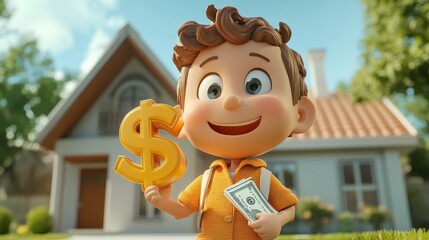 Wall Mural - A cartoon boy holding a dollar sign and a stack of one dollar bills