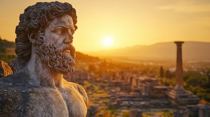 Wall Mural - Statue of Zeus in ancient Greece with city ruins at golden hour sunset. Greek Gods and mythology, figure of Heracles