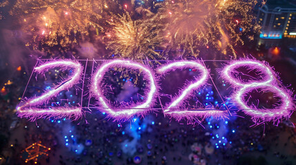 happy new year greeting card with fireworks and lights that show 2028