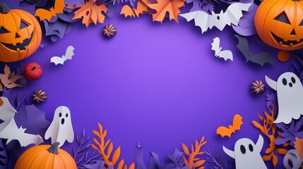 Halloween wallpaper presents a paper art, with pumpkins, candy, and ghosts decorating the edges. The purple background and central blank space for creative text placement.