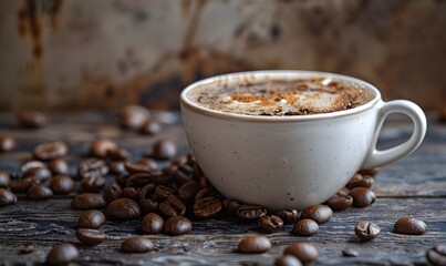 Fragrant hot coffee in a white cup with beans spilling roasted 