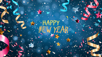 Wall Mural - happy new year greeting card with colorful confetti and stars