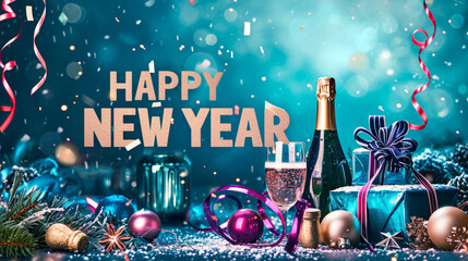 Wall Mural - colorful happy new year greeting card with champagne and christmas decorations