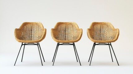 Chairs made of rattan wood with iron frame. Modern design and with a white background. Series of furniture , ai