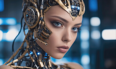 A robotic woman with blue eyes looks intensely at the camera, her metallic skin is exposed and intricate wires run throughout her body